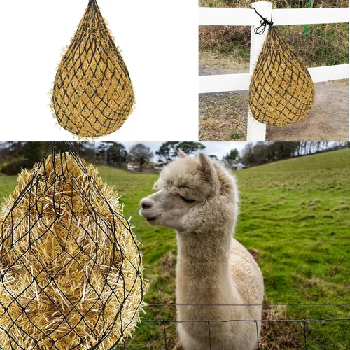 Vista 5 de 2 bolsas de heno para caballos: red de heno de alimentación lenta de 40 pulgadas de largo para caballos - 2 agujeros de 2 pulgadas con cuerda