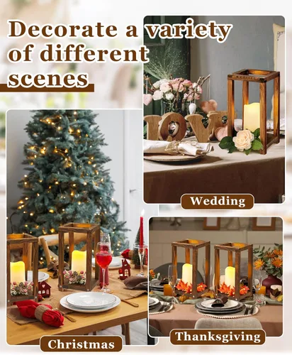 Vista 4 de Huquary 16 piezas de centro de mesa de madera para bodas, incluye 8 faroles de madera rústica y 8 portavelas sin llama para decoración de mesa