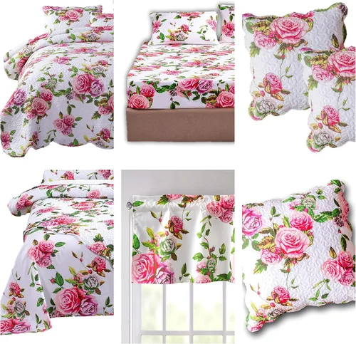 Vista 3 de DaDalogy Bedding - Juego de cama floral de 10 piezas en una bolsa, diseño de rosas románticas, juego de sábanas bajeras y encimeras con funda