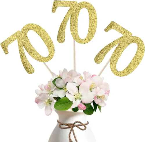Vista 9 de Paquete de 10 palitos de centro de mesa de aniversario con purpurina de doble cara para cumpleaños número 70, decoración de mesa para cumpleaños