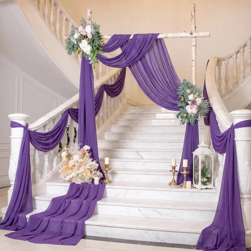 Vista 2 de Pardecor Tela de gasa para arco de boda, 2 paneles de 6 yardas, ceremonia morada al aire libre, 29 x 18 pies de largo, cortina de tul para arco