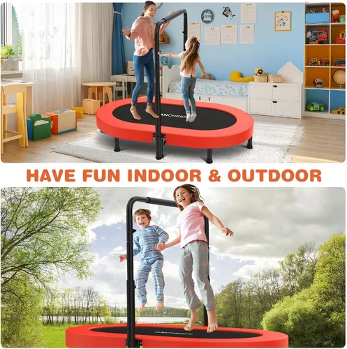 Vista 7 de ANCHEER Mini trampolín doble de 56 pulgadas para niños, mini reboteador con mango ajustable de 5 niveles, trampolín para padres e hijos para niños