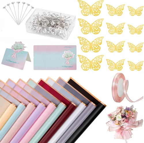 20 hojas de papel de regalo de flores, papel de regalo impermeable con 10 tarjetas de felicitación, 12 piezas de decoración de mariposa dorada en