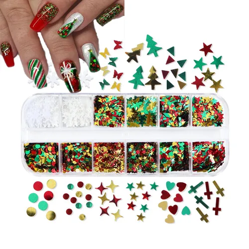12 rejillas para arte de uñas de Navidad, lentejuelas holográficas 3D, copos de nieve láser, estrella, mariposa, invierno, vacaciones, purpurina