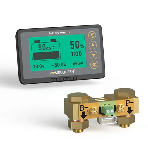 power queen Monitor de batería de 500 A con derivación, alarma programable, rango de voltaje de 8 V-120 V, pantalla LCD, cable blindado de 20 pies,