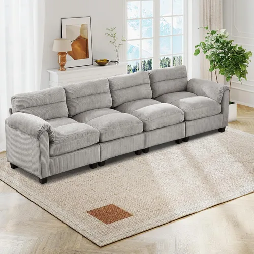 Vista 45 de HAOMARKETS Sofá esquinero modular en forma de L de 115 pulgadas con 2 otomanas móviles, sofás de pana de 8 plazas con cojín grueso para sala de Beige