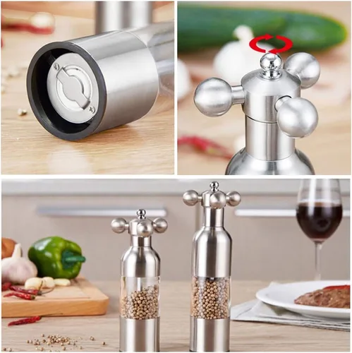 Vista 5 de Molinillo de sal y pimienta, grifo manual de acero inoxidable con asa, grosor ajustable recargable, para el hogar, restaurante, barbacoa, dorado, S
