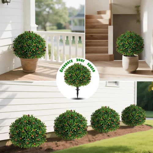 Vista 4 de Yangrass Árboles de bola de olivo artificial con estaca de tierra, juego de 2 arbustos artificiales resistentes a los rayos UV, arbustos