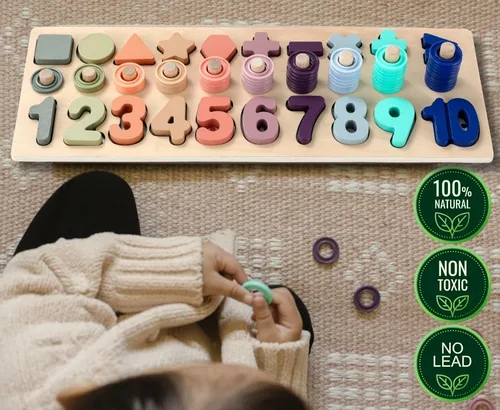 Vista 8 de BEKILOLE Juguetes de madera Montessori para niños pequeños: rompecabezas de números, clasificador de formas, juego de apilamiento para contar