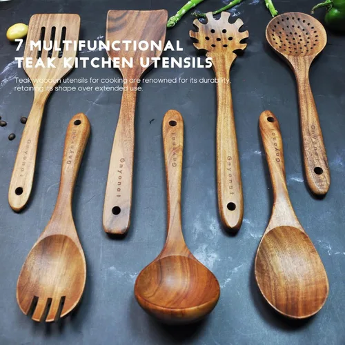 Vista 3 de Cucharas de madera para cocinar, Utensilios de madera para cocinar 7 piezas, Utensilios de cocina de madera, Juego de utensilios de cocina