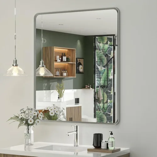 Vista 28 de OKPAL Espejo de Baño con Marco de Metal Negro de 40 x 36 Pulgadas para Pared, Espejo de Tocador de Baño Negro Mate, Espejo Rectangular Redondeado