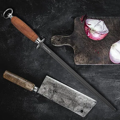 Vista 6 de afilador de cuchillos de acero, varilla de afilador de cuchillos de mango de madera, varilla de afilado de acero de 12 pulgadas (caoba)