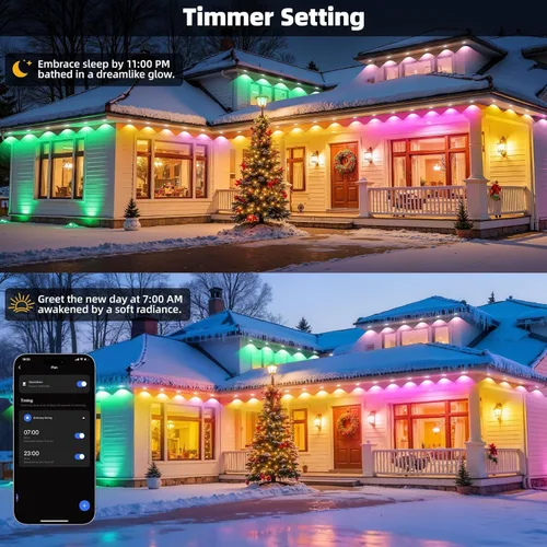 Vista 7 de Luces permanentes para exteriores para casa, IP67 impermeable con 60 luces RGB + IC, luces inteligentes de Navidad de 99.8 pies para exteriores