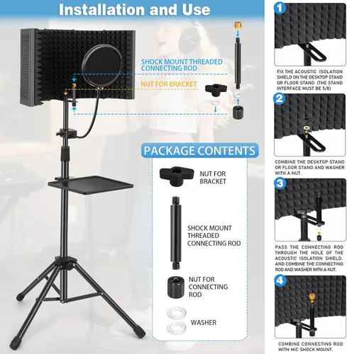 Vista 8 de Escudo de Aislamiento de Micrófono con Soporte de Panel Curvado para Micrófono, Escudo de Micrófono Plegable con Triple Aislamiento de Sonido