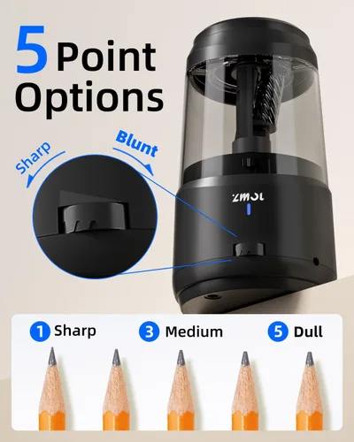 Vista 3 de ZMOL Sacapuntas eléctrico con hoja helicoidal, parada automática, ajuste de 5 velocidades para lápices n.º 2 y de colores (0.23 a 0.39 pulgadas)
