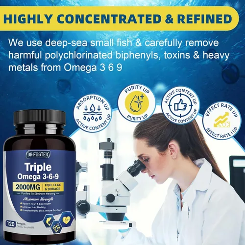 Vista 6 de Triple Omega 3-6-9 Aceite de pescado 2000 mg con vitamina E - Suplemento de ácidos grasos EPA y DHA - Apoya la salud del corazón, el cerebro
