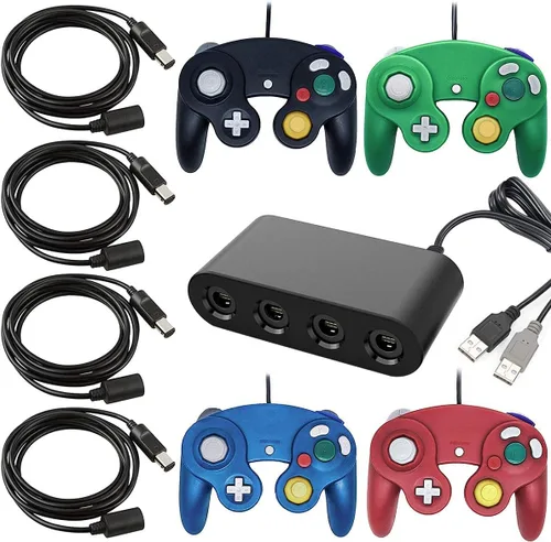 Vista 6 de 4 controladores para Gamecube con 4 cables de extensión y adaptador USB de 4 puertos para Switch PC consola Wii U BBRG