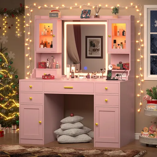 Vista 9 de CSZZD Escritorio de tocador con espejo iluminado LED, mesa de tocador de maquillaje de 41.3 pulgadas con toma de corriente y 6 cajones y estantes