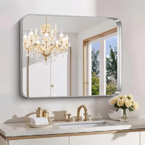 Vista 9 de FORBATH Espejo de baño de 24 x 24 pulgadas para pared, espejos de tocador con marco de metal negro para sobre el fregadero, espejo rectangular