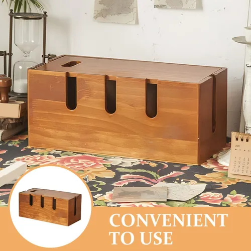 Vista 4 de DOITOOL Rustic Solid Wood Cable Organizer Box Cord Hider for Desk Power Strip Management Home Office Wire Storage Holder