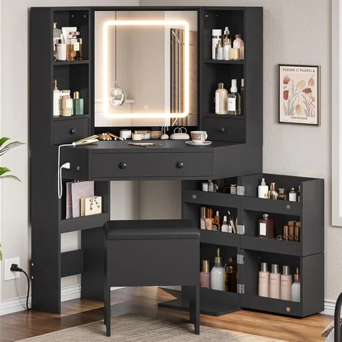 BTHFST Escritorio esquinero con espejo iluminado, tocador de maquillaje con luces y estación de carga, juego de tocador con espejo y taburete de