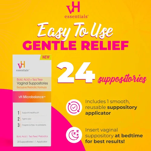 Vista 8 de vH Essentials Supositorios vaginales de ácido bórico y árbol de té, fórmula de prebióticos con ácido láctico, equilibrio de pH, control de olores