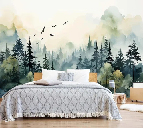 Vista 32 de Jdayda Mural de papel tapiz de bosque brumoso, mural de pared grande de bosque vintage para sala de estar, dormitorio, baño (no autoadhesivo)