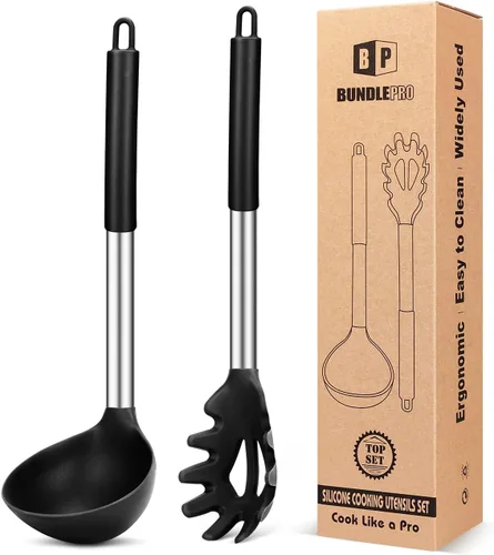 Set de tenedor de pasta y cucharón de silicona, utensilios de cocina grandes antiadherentes para cocinar, remover, servir espaguetis, sopa, salsa