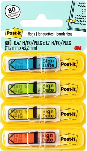 Post-it Message Flags, Sign and Date, 30/Dispenser, 4 Dispensers/Pack, .47 in Wide, Assorted Colors (684-SD)