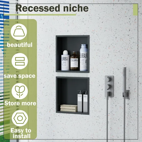 Vista 3 de Nicho de ducha negro mate de 12 x 12 - Almacenamiento de baño listo para azulejos de acero inoxidable para duchas pequeñas