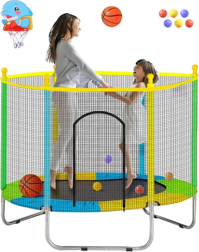 Juoe Trampolín para niños con aro de baloncesto y pelota, trampolín de rebote de 4.6 pies para interiores y exteriores para niños con red de cierre