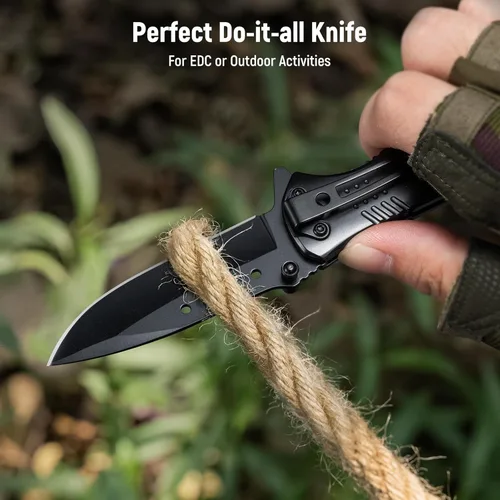 Vista 7 de KEXMO Navaja de bolsillo para hombre – Cuchillos plegables de bolsillo con mango de madera de hoja afilada con clip, rompedor de vidrio, cuchillos