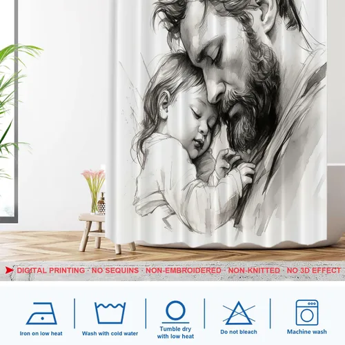 Vista 821 de Shrahala Father and Child Embracing No Hooks Shower Curtain with Snap in Liner Set, Tender Moment Captured Bathroom Décor Polyester Fiber Waterproof