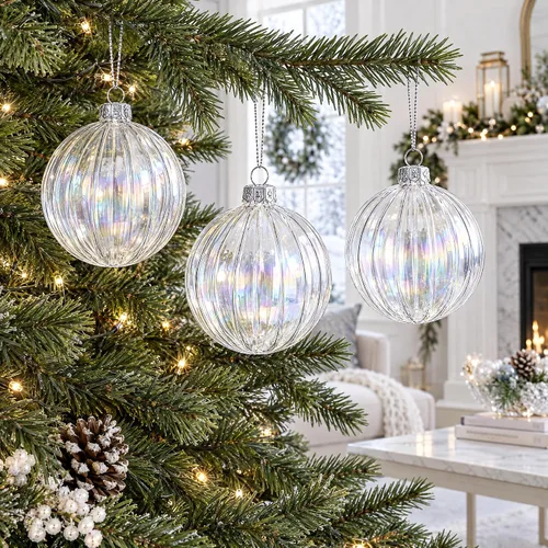 Vista 2 de Juego de 3 bolas de cristal transparente iridiscente adornos de Navidad de 3.6 pulgadas