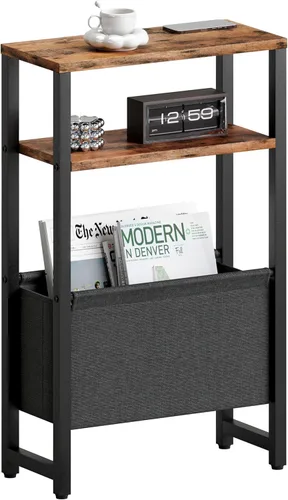 Vista 8 de Mesa Auxiliar Estrecha, Mesa Lateral Delgada con Revistero, Mesita de Noche para Espacios Pequeños, Mesa de 3 Niveles para Sofá y Sillón, Mesita