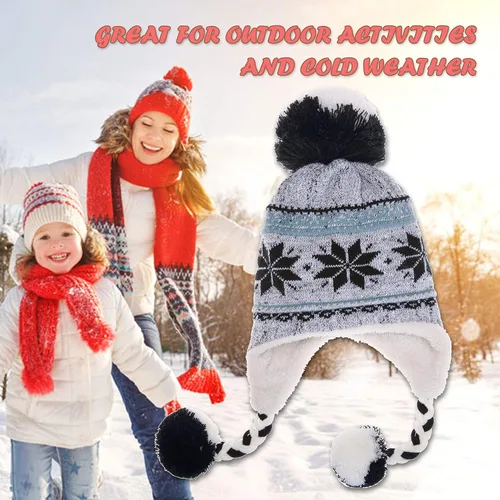 Vista 5 de Gorro invernal Dosoni para mujer, de punto, con orejeras, suave, cálido y acogedor, diseño de copos de nieve