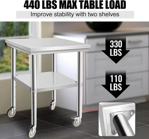 Vista 5 de Mesa de acero inoxidable para preparación de 24 x 24 pulgadas, mesa de trabajo resistente con 4 ruedas para cocina, restaurante, hogar y hotel