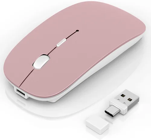 Vista 8 de Mouse inalámbrico para laptop/MacBook Air/Pro y iPad, mouse modo Jiggler Bluetooth 5.2/2.4G recargable silencioso clic 3 niveles DPI delgado Negro