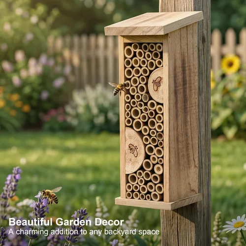 Vista 2 de Casa de pájaros Abeja Colmena Insectos de madera Casa colgante de bambú Insectos Hoteles para jardín al aire libre decorativo