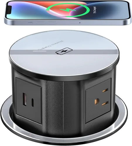 Toma de corriente desplegable para encimera con USB C de 20 W, regleta de alimentación empotrada de 4.7 pulgadas con cargador inalámbrico de 15 W,
