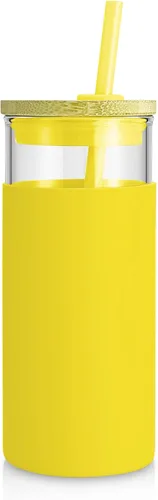 Vista 16 de Tronco Vaso de vidrio de 20 onzas con tapa y popote, taza de café helado y vaso para batido con tapas de bambú y funda protectora de silicona, apto