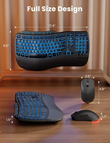 Vista 9 de Combo ergonómico de teclado y mouse inalámbricos, teclado retroiluminado recargable de 4000 mAh con un reposamanos suave de piel de cordero