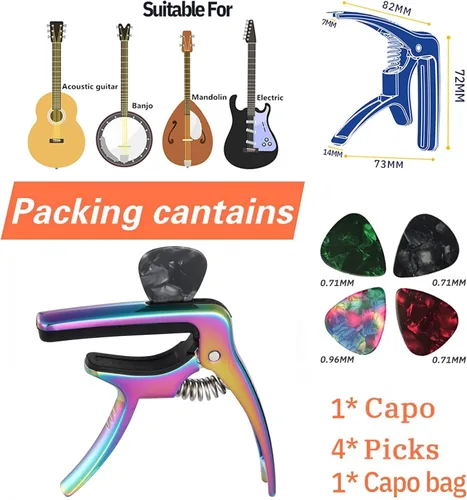 Vista 8 de Cejilla de guitarra 3 en 1 para guitarras acústicas y eléctricas (con soporte para púas y 4 púas), accesorios de guitarra (MC-021)