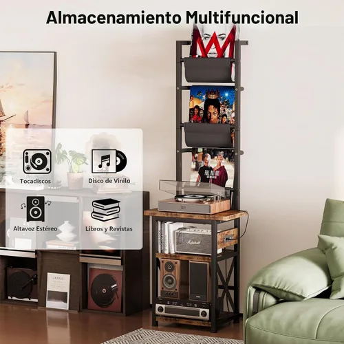 Vista 3 de Homeiju Soporte para tocadiscos con toma de corriente, estante de exhibición de discos de vinilo de 6 niveles, mesa de tocadiscos con almacenamiento