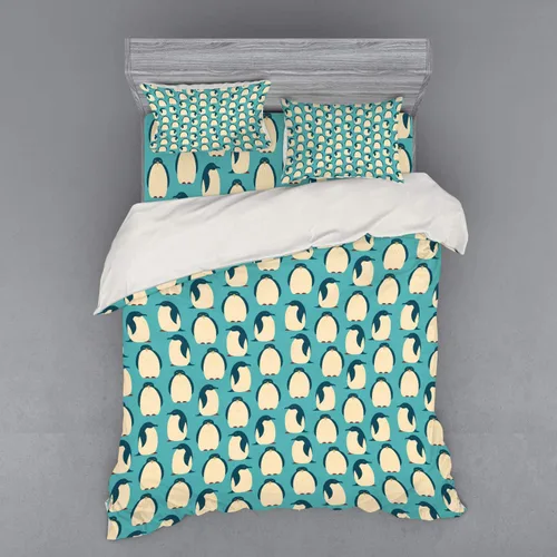 Ambesonne Penguin Duvet Cover Set, Arctic Birds Animal Characters Pattern on Teal Background South Pole Fauna, 4 Piece Bedding Set with Shams and