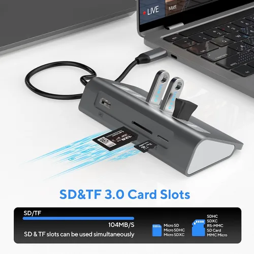 Vista 7 de Hub USB C Adaptador Multipuerto, Mosirui Estación de acoplamiento 9 en 1 USB-C con HDMI 4K, 5Gbps Tipo C 3.0, USB-A 3.0/2.0, PD 100W, SD/TF