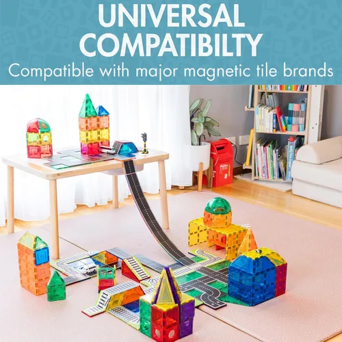 Vista 3 de Learn & Grow Paquete de Expansión de Azulejos Magnéticos de Carretera - Set de 40 Piezas de Complementos de Carretera para Autos, Aprendizaje STEM