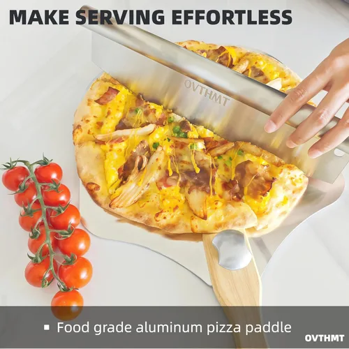 Vista 3 de Pala de Pizza de 12 Pulgadas, Pala de Pizza de Aluminio de 12 x 14 Pulgadas con Mango de Madera Plegable, Pala Giratoria para Pizza, Espátula