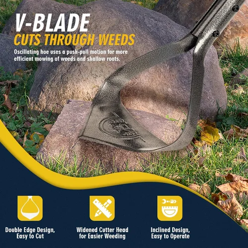 Vista 4 de Herramienta de jardín de azada, triángulo resistente de 52.7 pulgadas, desbrozadora manual con mango largo, acción de eliminación de malezas