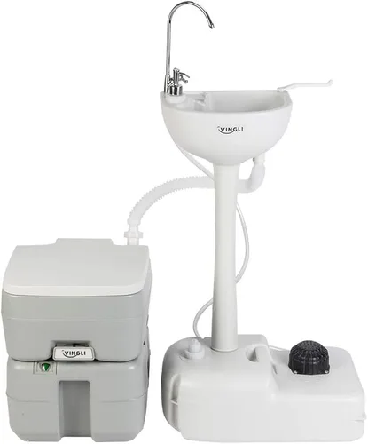 VINGLI Combo de lavabo e inodoro portátil mejorado: estación de lavado de manos autónoma de 5 galones y inodoro de descarga de 5.3 galones, perfecto